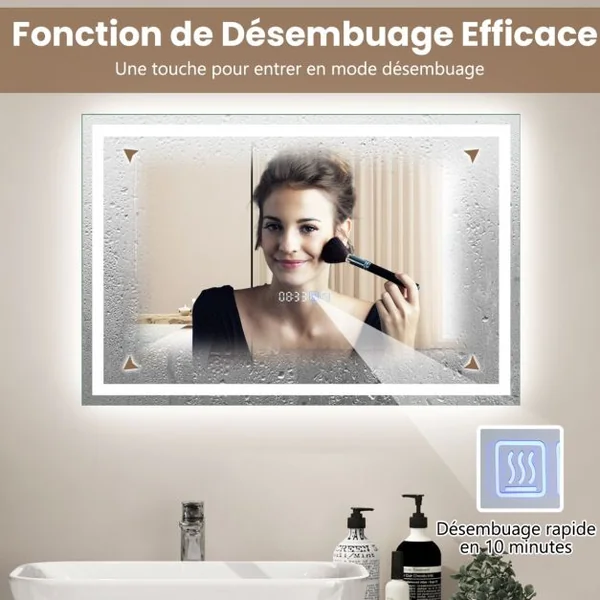 60 x 40 cm Miroir de Salle de Bain 3000-6000k Fonction Mémoire Affichage Temps Température IP44 avec Interrupteur Tactile Argent
