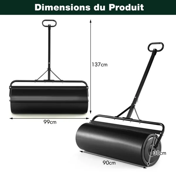 63L Rouleau à Gazon de Jardin en Métal avec Largeur de 90 cm & Poignée de Préhension Détachable Rouleau de Pelouse Rempli d'Eau/Sable Noir/Vert
