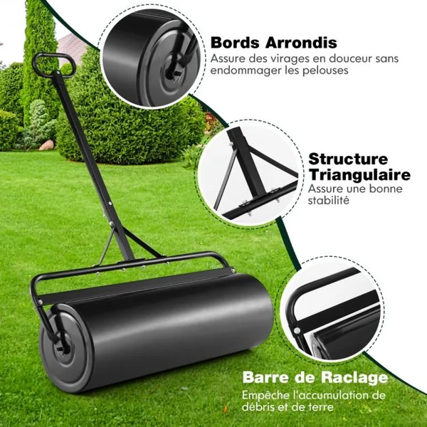 63L Rouleau à Gazon de Jardin en Métal avec Largeur de 90 cm & Poignée de Préhension Détachable Rouleau de Pelouse Rempli d'Eau/Sable Noir/Vert