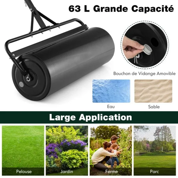 63L Rouleau à Gazon de Jardin en Métal avec Largeur de 90 cm & Poignée de Préhension Détachable Rouleau de Pelouse Rempli d'Eau/Sable Noir/Vert