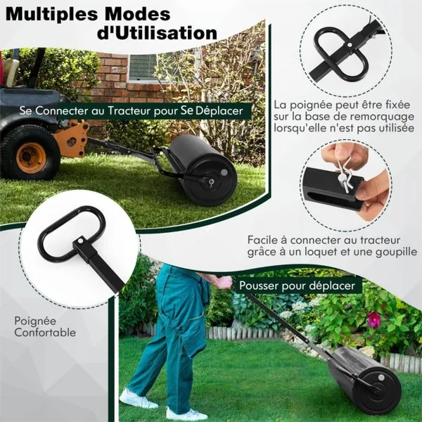 63L Rouleau à Gazon de Jardin en Métal avec Largeur de 90 cm & Poignée de Préhension Détachable Rouleau de Pelouse Rempli d'Eau/Sable Noir/Vert
