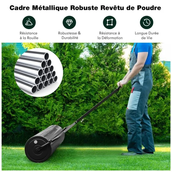 63L Rouleau à Gazon de Jardin en Métal avec Largeur de 90 cm & Poignée de Préhension Détachable Rouleau de Pelouse Rempli d'Eau/Sable Noir/Vert
