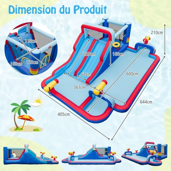 6 en 1 Château Gonflable avec Doubles Toboggans Aquatiques & Piscine Aire de Jeux Gonflable Charge 135kg pour 3 Enfants de 3-5 Ans