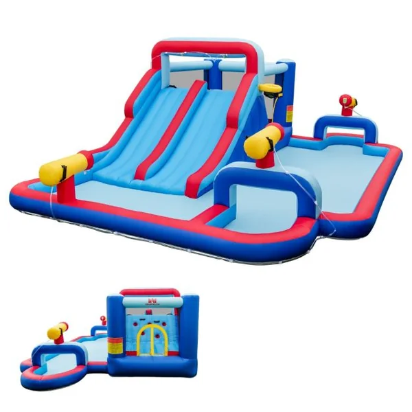 6 en 1 Château Gonflable avec Doubles Toboggans Aquatiques & Piscine Aire de Jeux Gonflable Charge 135kg pour 3 Enfants de 3-5 Ans