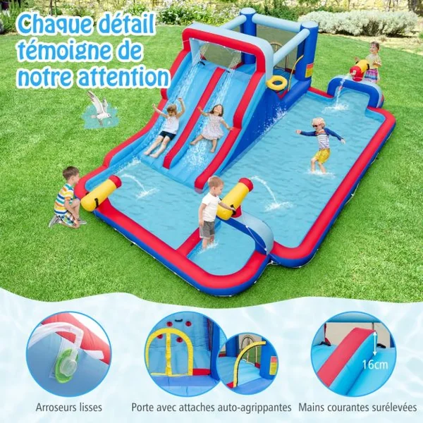 6 en 1 Château Gonflable avec Doubles Toboggans Aquatiques & Piscine Aire de Jeux Gonflable Charge 135kg pour 3 Enfants de 3-5 Ans