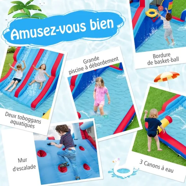 6 en 1 Château Gonflable avec Doubles Toboggans Aquatiques & Piscine Aire de Jeux Gonflable Charge 135kg pour 3 Enfants de 3-5 Ans