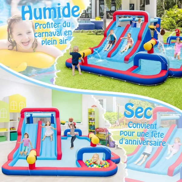 6 en 1 Château Gonflable avec Doubles Toboggans Aquatiques & Piscine Aire de Jeux Gonflable Charge 135kg pour 3 Enfants de 3-5 Ans