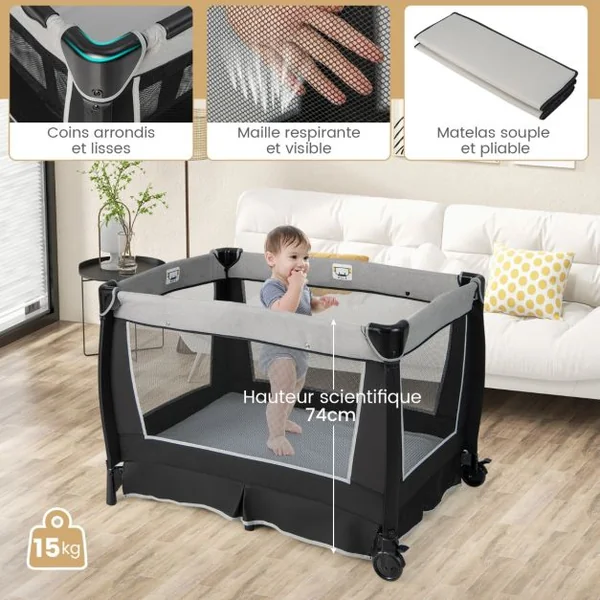 6 en 1 Lit Parapluie Bébé avec Matelas & Table à Langer Auvent Réglable & 2 Jouets Musique et Sac de Transport Berceau pour Bébé de 0-3 Ans Vert/Noir