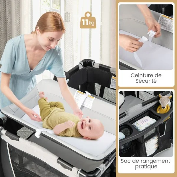 6 en 1 Lit Parapluie Bébé avec Matelas & Table à Langer Auvent Réglable & 2 Jouets Musique et Sac de Transport Berceau pour Bébé de 0-3 Ans Vert/Noir