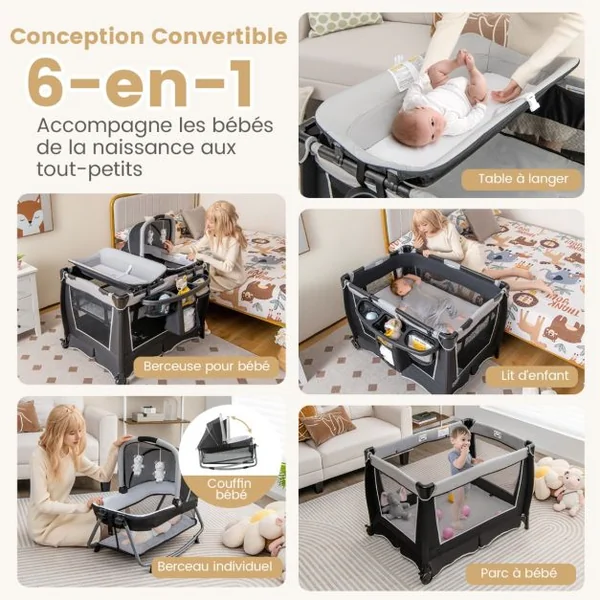 6 en 1 Lit Parapluie Bébé avec Matelas & Table à Langer Auvent Réglable & 2 Jouets Musique et Sac de Transport Berceau pour Bébé de 0-3 Ans Vert/Noir