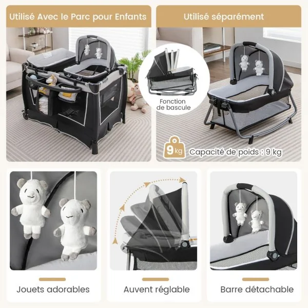 6 en 1 Lit Parapluie Bébé avec Matelas & Table à Langer Auvent Réglable & 2 Jouets Musique et Sac de Transport Berceau pour Bébé de 0-3 Ans Vert/Noir
