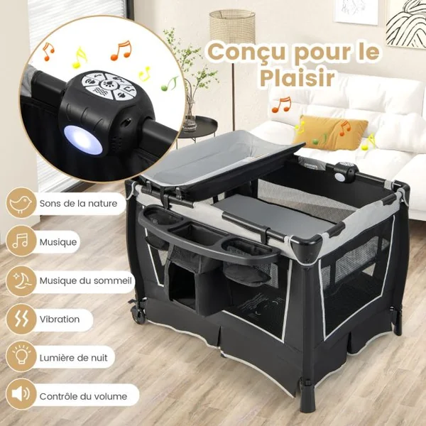 6 en 1 Lit Parapluie Bébé avec Matelas & Table à Langer Auvent Réglable & 2 Jouets Musique et Sac de Transport Berceau pour Bébé de 0-3 Ans Vert/Noir