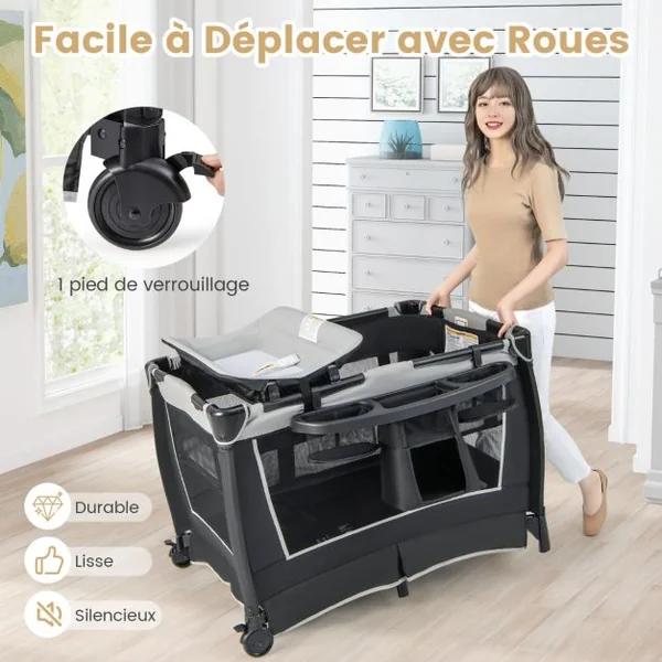 6 en 1 Lit Parapluie Bébé avec Matelas & Table à Langer Auvent Réglable & 2 Jouets Musique et Sac de Transport Berceau pour Bébé de 0-3 Ans Vert/Noir