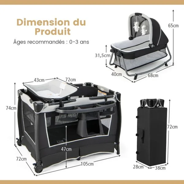 6 en 1 Lit Parapluie Bébé avec Matelas & Table à Langer Auvent Réglable & 2 Jouets Musique et Sac de Transport Berceau pour Bébé de 0-3 Ans Vert/Noir