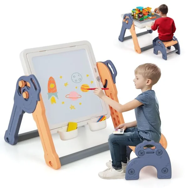 6 en 1 Table Enfant Pliable avec Chaise et Plateau Double Face & Réglable Chevalet Enfants en HDPE avec 105 Blocs & 6 Marqueurs & 1 Gomme Charge 75kg