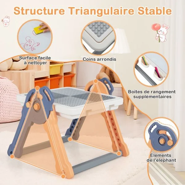 6 en 1 Table Enfant Pliable avec Chaise et Plateau Double Face & Réglable Chevalet Enfants en HDPE avec 105 Blocs & 6 Marqueurs & 1 Gomme Charge 75kg