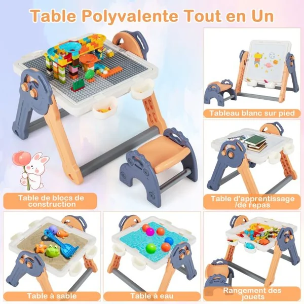 6 en 1 Table Enfant Pliable avec Chaise et Plateau Double Face & Réglable Chevalet Enfants en HDPE avec 105 Blocs & 6 Marqueurs & 1 Gomme Charge 75kg
