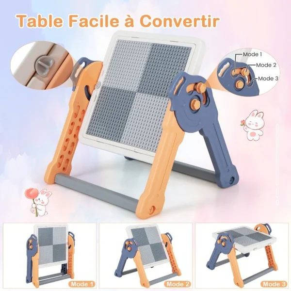 6 en 1 Table Enfant Pliable avec Chaise et Plateau Double Face & Réglable Chevalet Enfants en HDPE avec 105 Blocs & 6 Marqueurs & 1 Gomme Charge 75kg