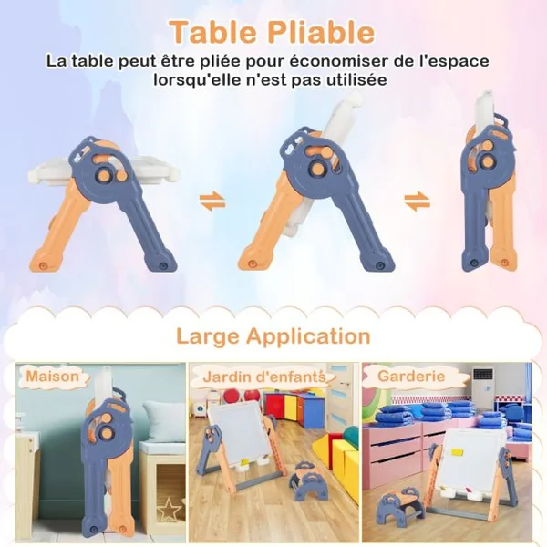 6 en 1 Table Enfant Pliable avec Chaise et Plateau Double Face & Réglable Chevalet Enfants en HDPE avec 105 Blocs & 6 Marqueurs & 1 Gomme Charge 75kg