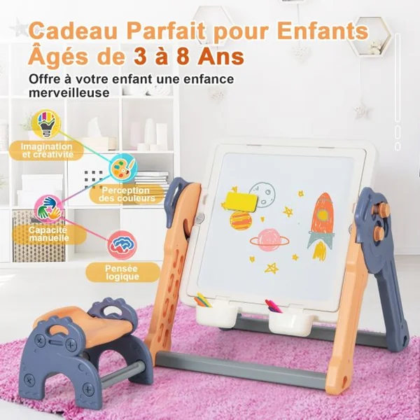 6 en 1 Table Enfant Pliable avec Chaise et Plateau Double Face & Réglable Chevalet Enfants en HDPE avec 105 Blocs & 6 Marqueurs & 1 Gomme Charge 75kg