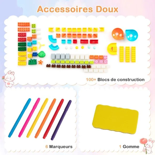 6 en 1 Table Enfant Pliable avec Chaise et Plateau Double Face & Réglable Chevalet Enfants en HDPE avec 105 Blocs & 6 Marqueurs & 1 Gomme Charge 75kg