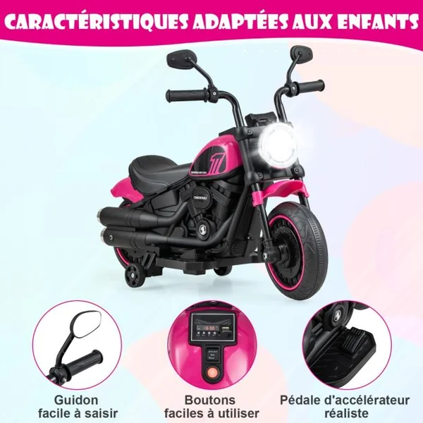 6V Moto Électrique Enfants avec Phare LED Véhicule Électrique Enfants avec 2 Roues d'Entraînement Amovibles Charge 25kg 18 Mois+ Rose