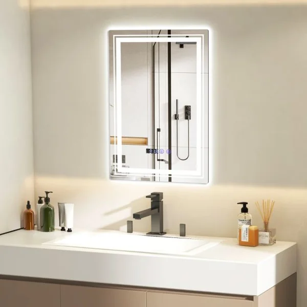 70x50cm Miroir de Salle de Bain LED et Antibuée 3 Couleurs 3000-6500K Fonction Mémoire Affichage Temps Température Argent