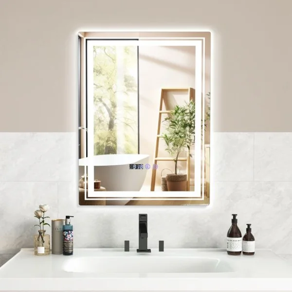 70x50cm Miroir de Salle de Bain LED et Antibuée 3 Couleurs 3000-6500K Fonction Mémoire Affichage Temps Température Argent