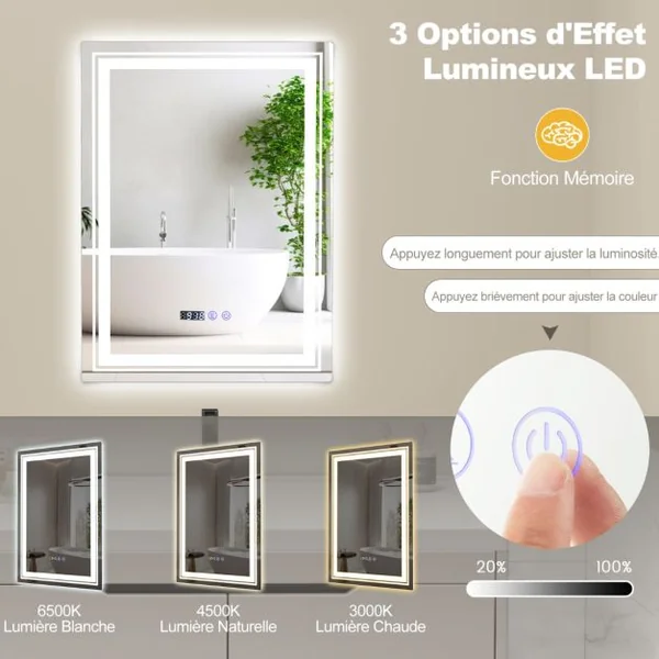 70x50cm Miroir de Salle de Bain LED et Antibuée 3 Couleurs 3000-6500K Fonction Mémoire Affichage Temps Température Argent