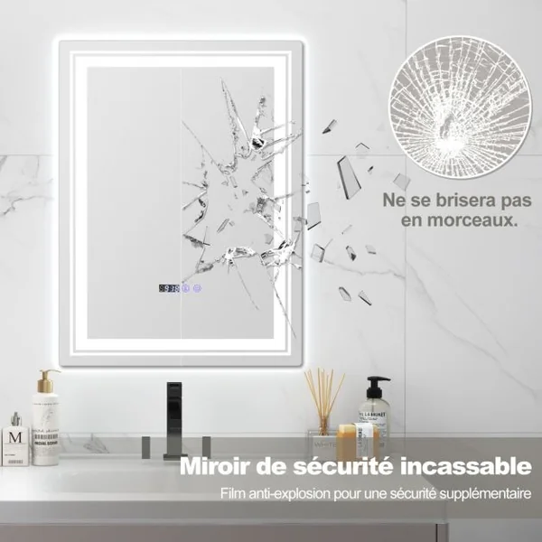 70x50cm Miroir de Salle de Bain LED et Antibuée 3 Couleurs 3000-6500K Fonction Mémoire Affichage Temps Température Argent