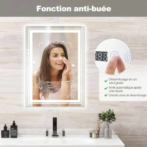 70x50cm Miroir de Salle de Bain LED et Antibuée 3 Couleurs 3000-6500K Fonction Mémoire Affichage Temps Température Argent