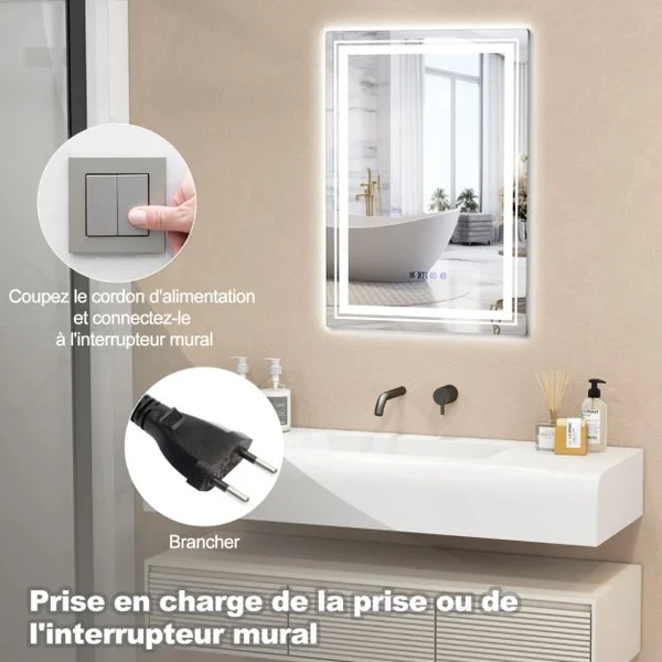 70x50cm Miroir de Salle de Bain LED et Antibuée 3 Couleurs 3000-6500K Fonction Mémoire Affichage Temps Température Argent