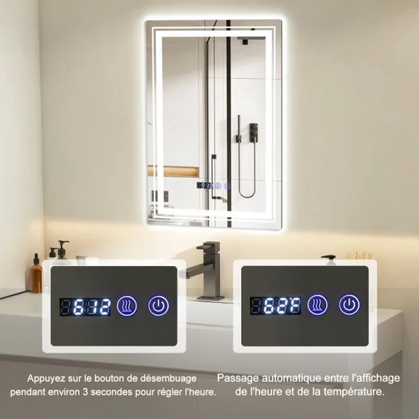 70x50cm Miroir de Salle de Bain LED et Antibuée 3 Couleurs 3000-6500K Fonction Mémoire Affichage Temps Température Argent