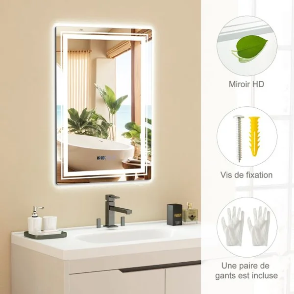 70x50cm Miroir de Salle de Bain LED et Antibuée 3 Couleurs 3000-6500K Fonction Mémoire Affichage Temps Température Argent