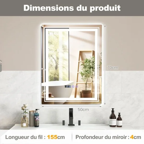 70x50cm Miroir de Salle de Bain LED et Antibuée 3 Couleurs 3000-6500K Fonction Mémoire Affichage Temps Température Argent