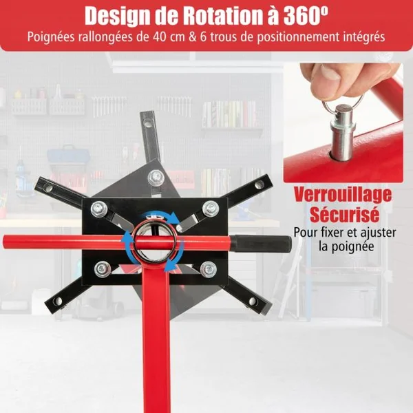 750LBS Support de Moteur avec Tête Rotative 360° et 4 Bras Réglables Support de Levage de Moteur avec Roulettes Poignée Antidérapante Rouge