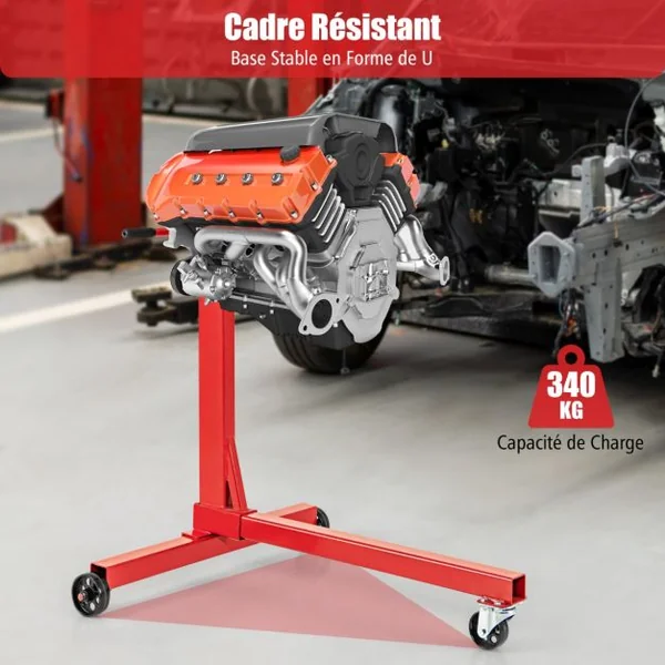 750LBS Support de Moteur avec Tête Rotative 360° et 4 Bras Réglables Support de Levage de Moteur avec Roulettes Poignée Antidérapante Rouge