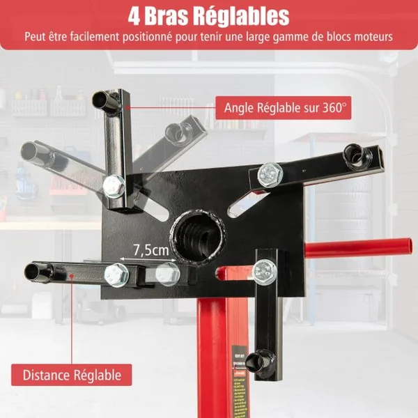750LBS Support de Moteur avec Tête Rotative 360° et 4 Bras Réglables Support de Levage de Moteur avec Roulettes Poignée Antidérapante Rouge