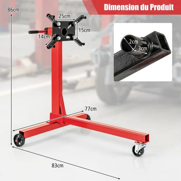 750LBS Support de Moteur avec Tête Rotative 360° et 4 Bras Réglables Support de Levage de Moteur avec Roulettes Poignée Antidérapante Rouge