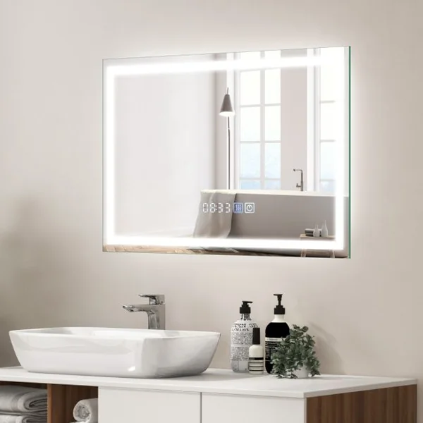 75 x 50 cm Miroir de Salle de Bain 3000-6000k Fonction Mémoire Affichage Temps Température IP44 avec Interrupteur Tactile Argent