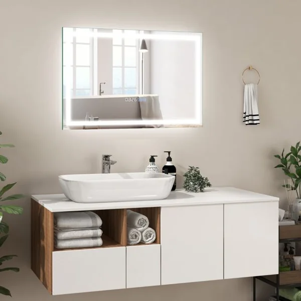 75 x 50 cm Miroir de Salle de Bain 3000-6000k Fonction Mémoire Affichage Temps Température IP44 avec Interrupteur Tactile Argent