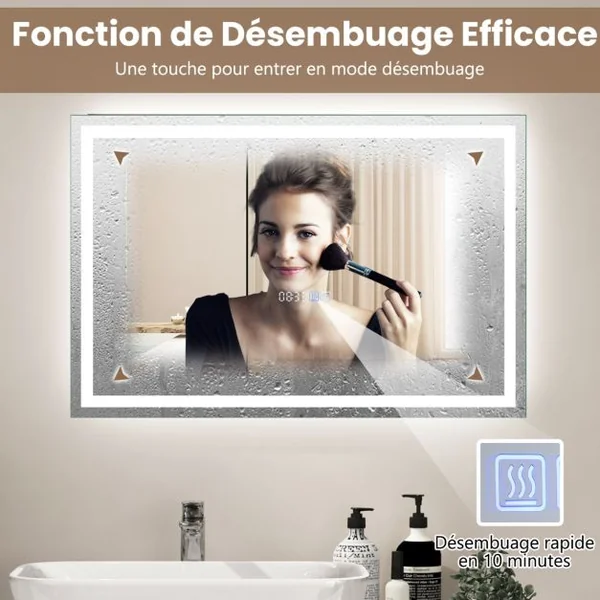 75 x 50 cm Miroir de Salle de Bain 3000-6000k Fonction Mémoire Affichage Temps Température IP44 avec Interrupteur Tactile Argent