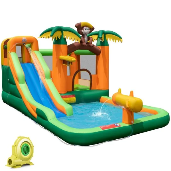 7 en 1 Château Gonflable Tropical à Thème Singe & Palmier avec Toboggan Aquatique avec Piscine & 50 Boules Charge 90kg pour 2 Enfants de 3-10 Ans