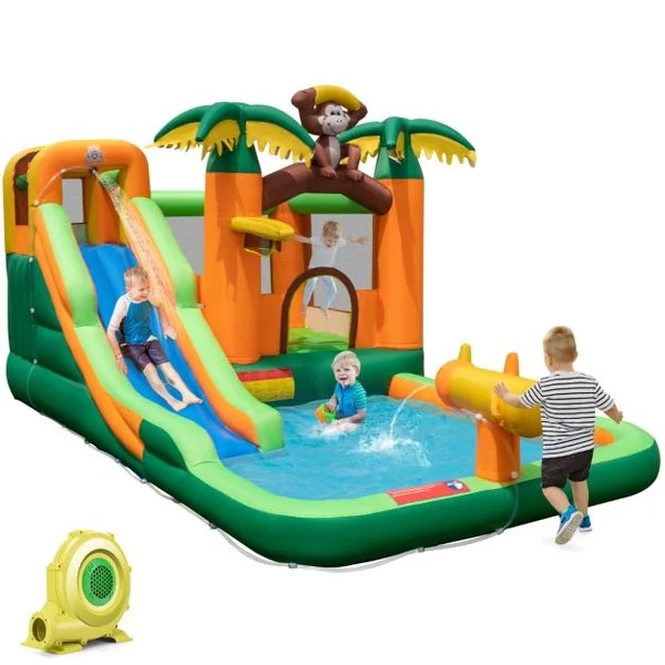 7 en 1 Château Gonflable Tropical à Thème Singe & Palmier avec Toboggan Aquatique avec Piscine & 50 Boules Charge 90kg pour 2 Enfants de 3-10 Ans