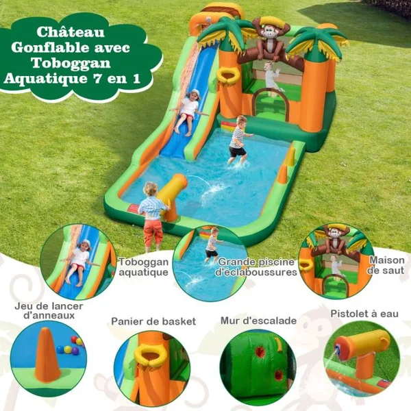 7 en 1 Château Gonflable Tropical à Thème Singe & Palmier avec Toboggan Aquatique avec Piscine & 50 Boules Charge 90kg pour 2 Enfants de 3-10 Ans