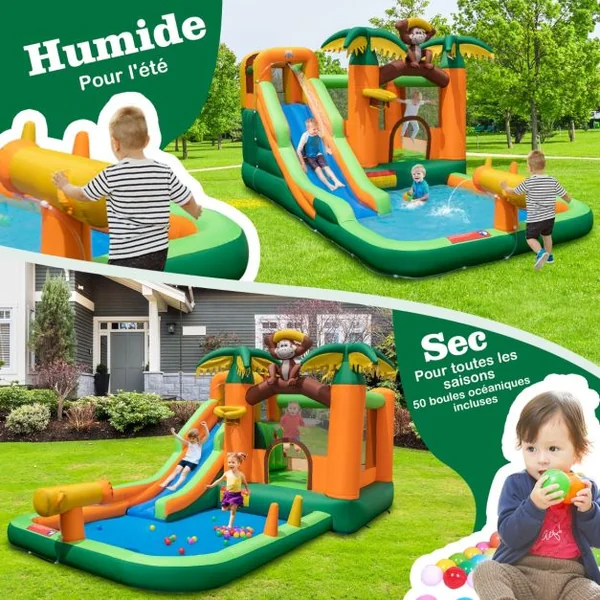 7 en 1 Château Gonflable Tropical à Thème Singe & Palmier avec Toboggan Aquatique avec Piscine & 50 Boules Charge 90kg pour 2 Enfants de 3-10 Ans