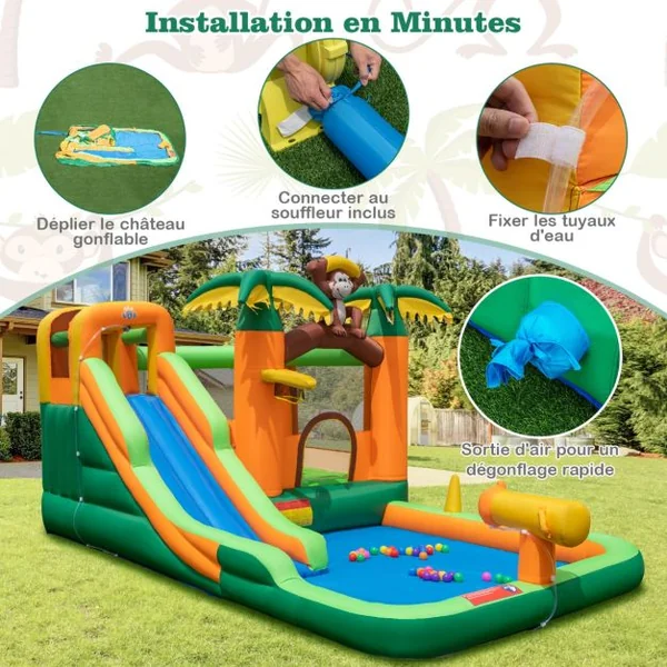 7 en 1 Château Gonflable Tropical à Thème Singe & Palmier avec Toboggan Aquatique avec Piscine & 50 Boules Charge 90kg pour 2 Enfants de 3-10 Ans