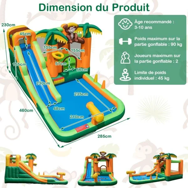 7 en 1 Château Gonflable Tropical à Thème Singe & Palmier avec Toboggan Aquatique avec Piscine & 50 Boules Charge 90kg pour 2 Enfants de 3-10 Ans