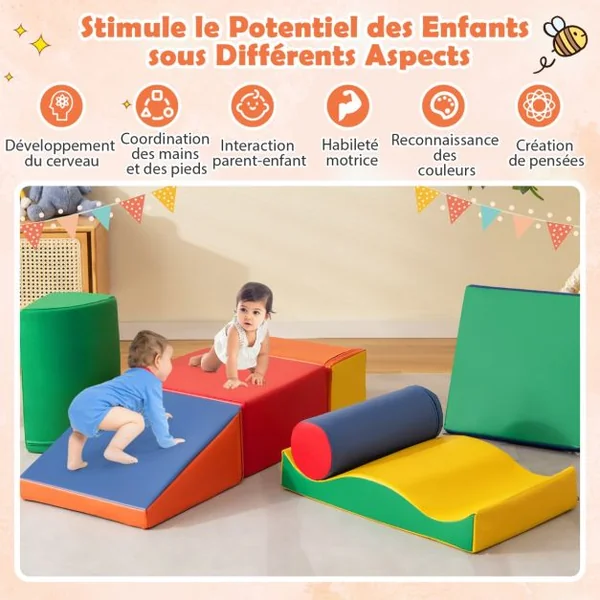 7PCS Blocs de Construction en Mousse Housse en PU Modules de Motricité pour Enfants Jouets Éducatifs 18 Mois+ pour Ramper