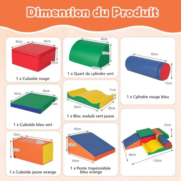 7PCS Blocs de Construction en Mousse Housse en PU Modules de Motricité pour Enfants Jouets Éducatifs 18 Mois+ pour Ramper